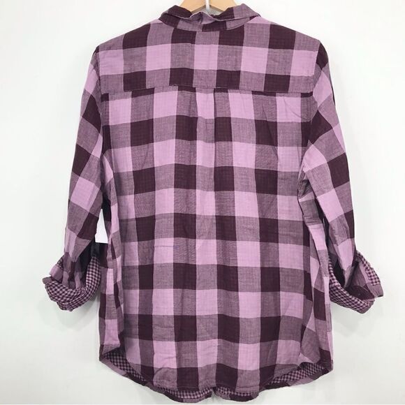 Laura Scott Purple Gingham Plaid Roll Tab Sleeve Button Up Shirt NEW - Picture 9 of 14